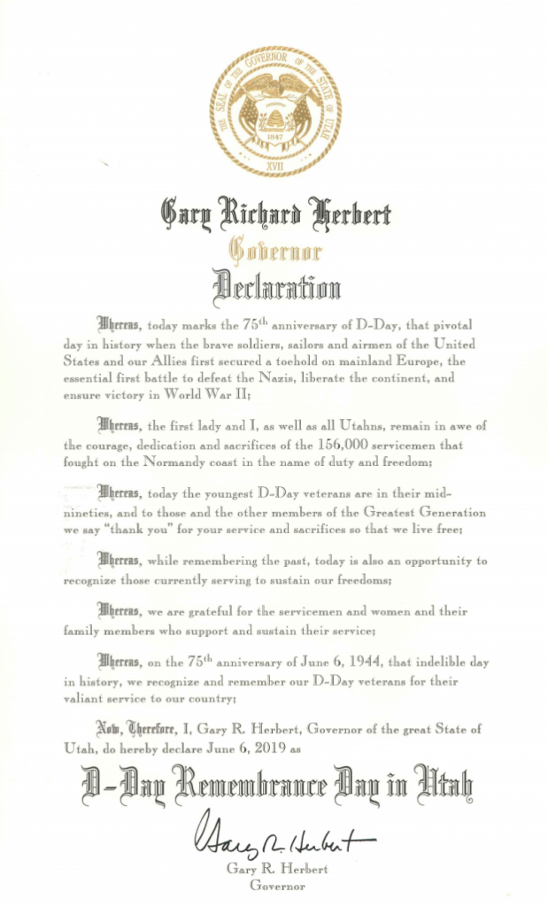 Gov. Herbert proclaims day of remembrance in recognition of 75th anniversary of D-Day